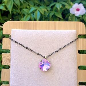 Pink Opal Aurora Borealis Antique Brass Crystal Pendant Drop Necklace